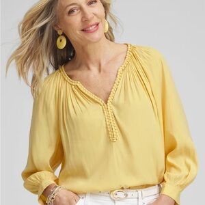 NWOT/EUC Chico's Golden Kiwi Pleated 3/4 Sleeve Blouse, SZ 1.5